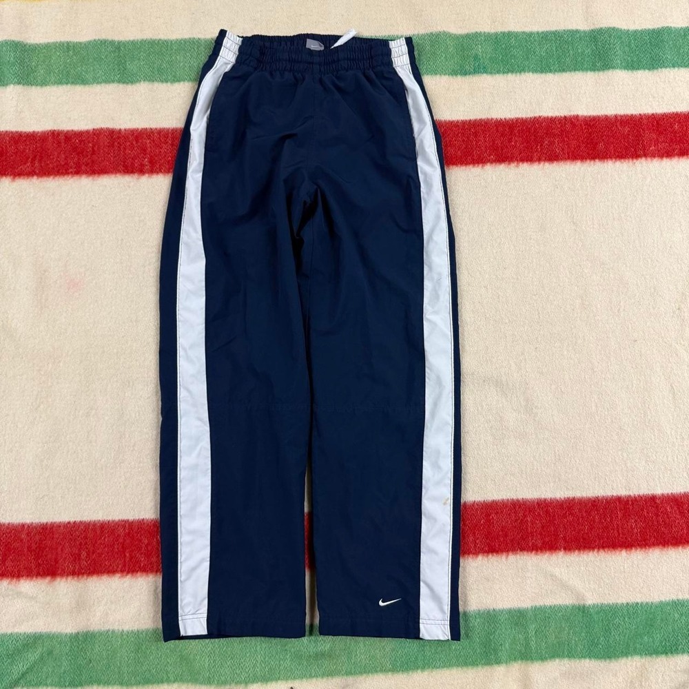 Vintage Y2K Nike Striped Track Pants Mens Medium Navy Blue Baggy Swoosh FLAW